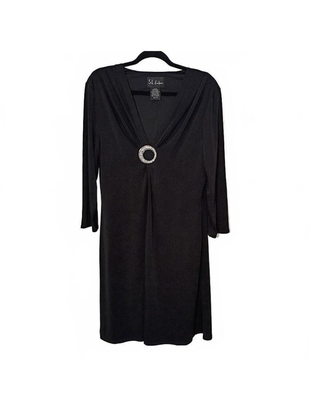 S.L. Fashions Black Dress with Rhinestone Brooch Size 18